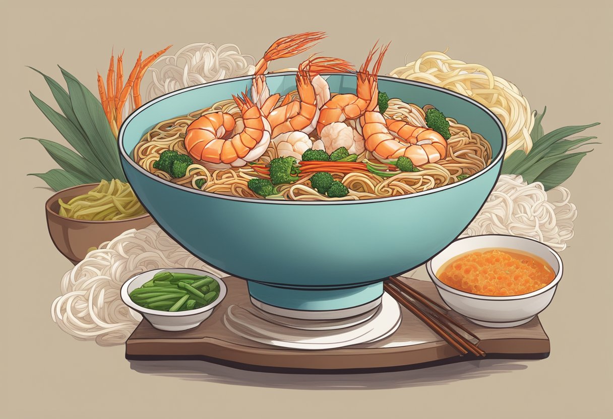 A steaming bowl of Da Dong prawn mee sits on a menu, surrounded by vibrant illustrations of various flavors