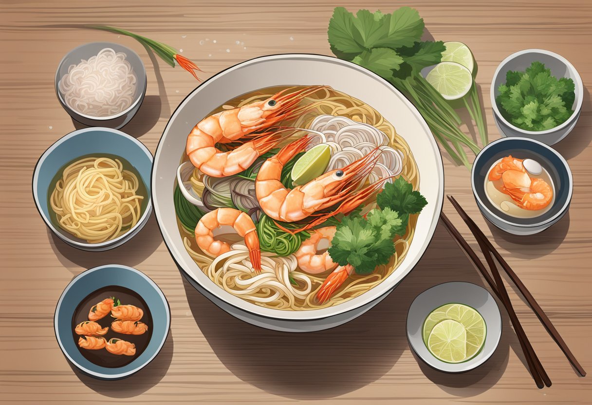 A steaming bowl of da dong prawn mee sits on a wooden table, surrounded by condiments and utensils. Steam rises from the rich, flavorful broth, and the noodles are garnished with succulent prawns and fragrant herbs