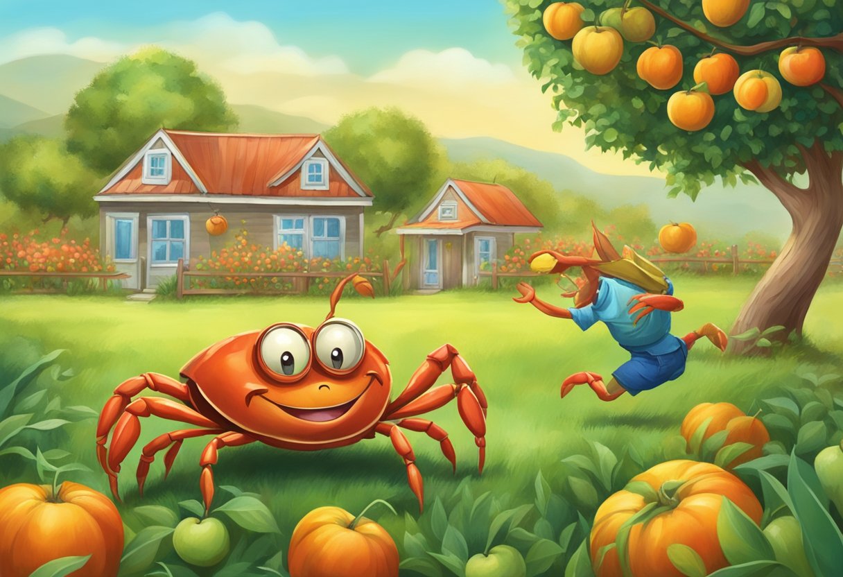 A happy crab dances among satisfied customers in a vibrant orchard