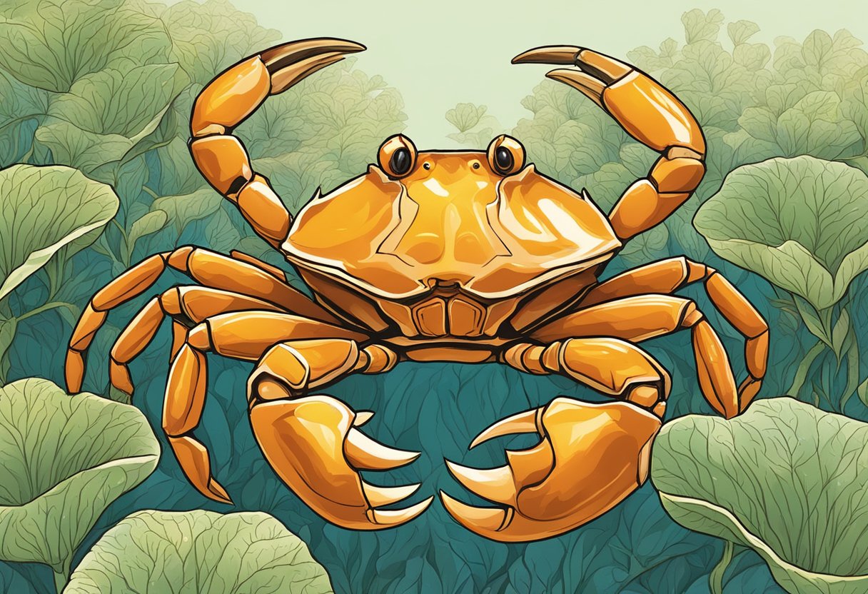 A crab surrounded by frequently asked questions, dancing in an orchard