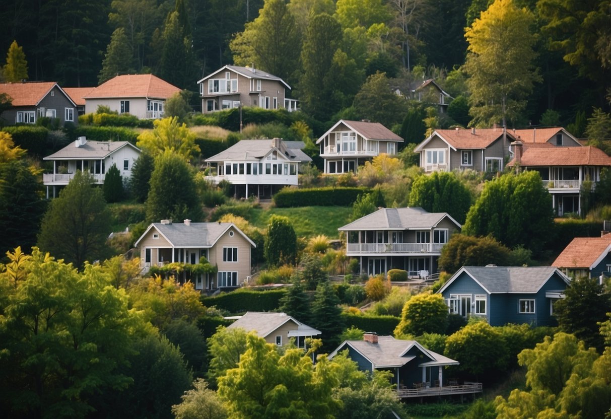 A diverse group of houses, representing different architectural styles, surrounded by greenery and located in a variety of settings, from urban to rural, showcasing the flexibility of non-resident home loans