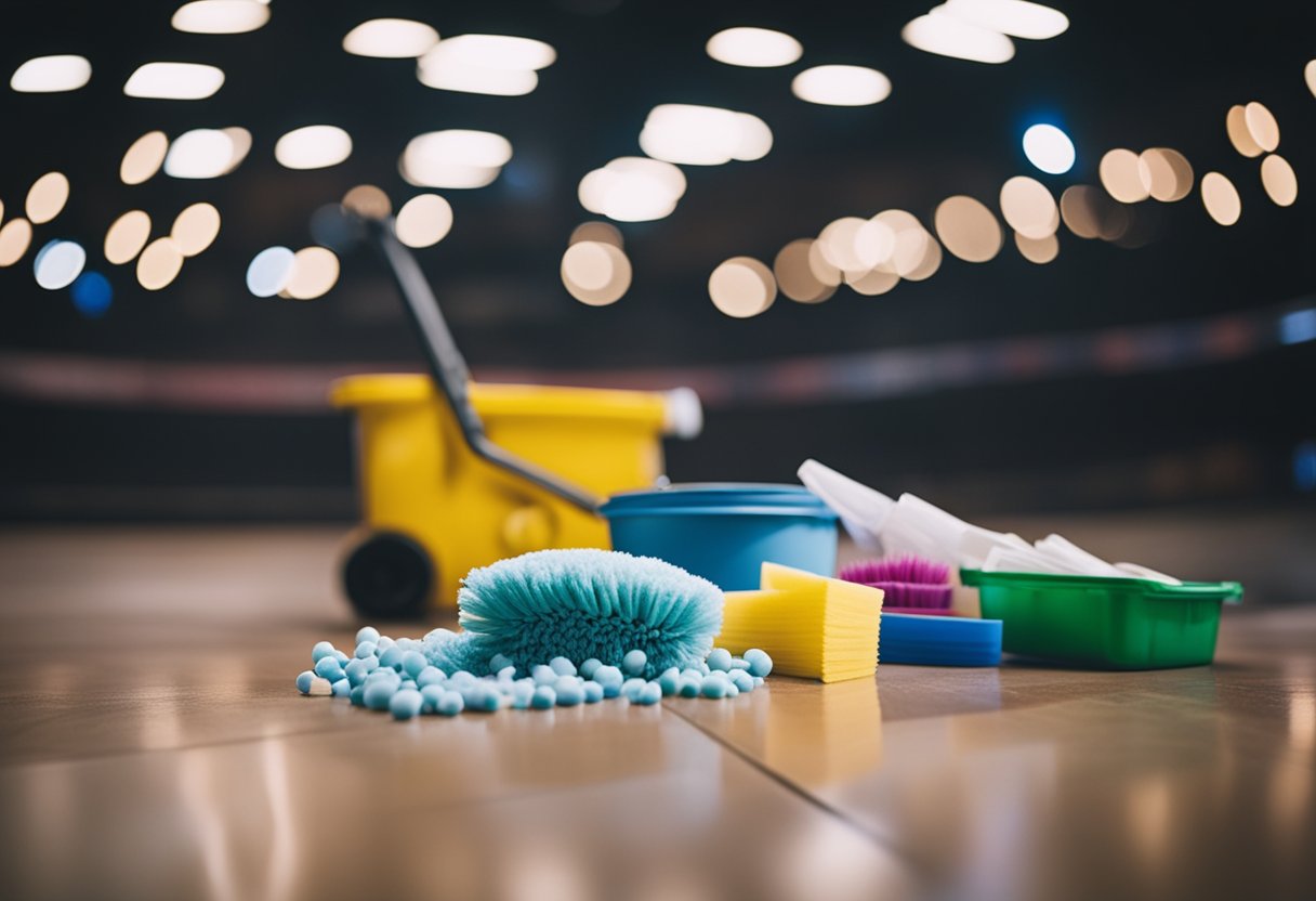 Cleaning supplies and equipment scattered around a concert venue after an event