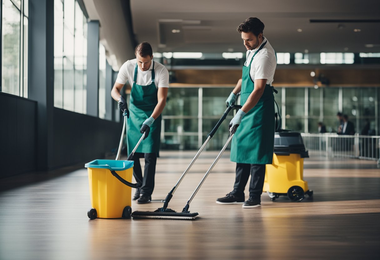 A cleaning person works at events and concerts, keeping the venue tidy and presentable