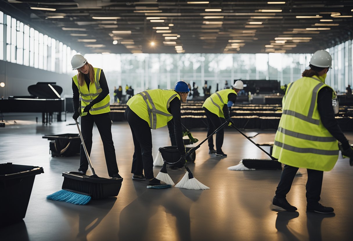 A team of event cleaning staff works diligently to tidy up after a concert, ensuring the venue is spotless for the next event