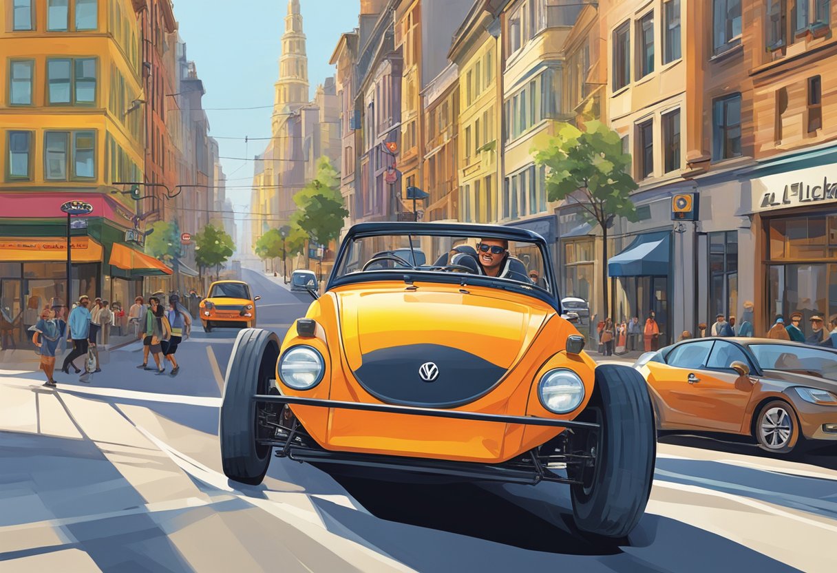 A VW dune buggy drives down a city street, passing other vehicles and pedestrians. The buggy's sleek design and vibrant colors catch the eye of onlookers