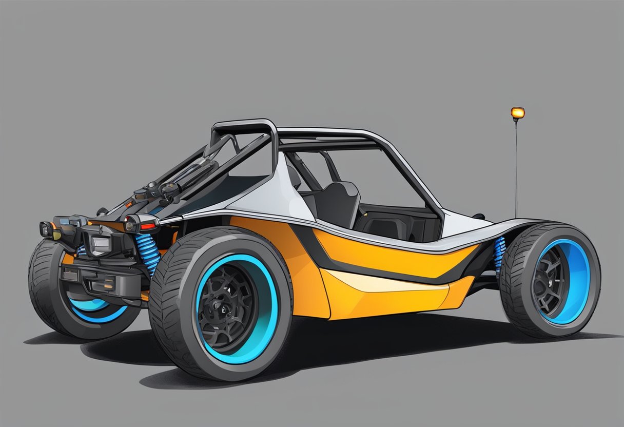 A dune buggy is being modified with turn signals, brake lights, and other necessary equipment to make it street legal