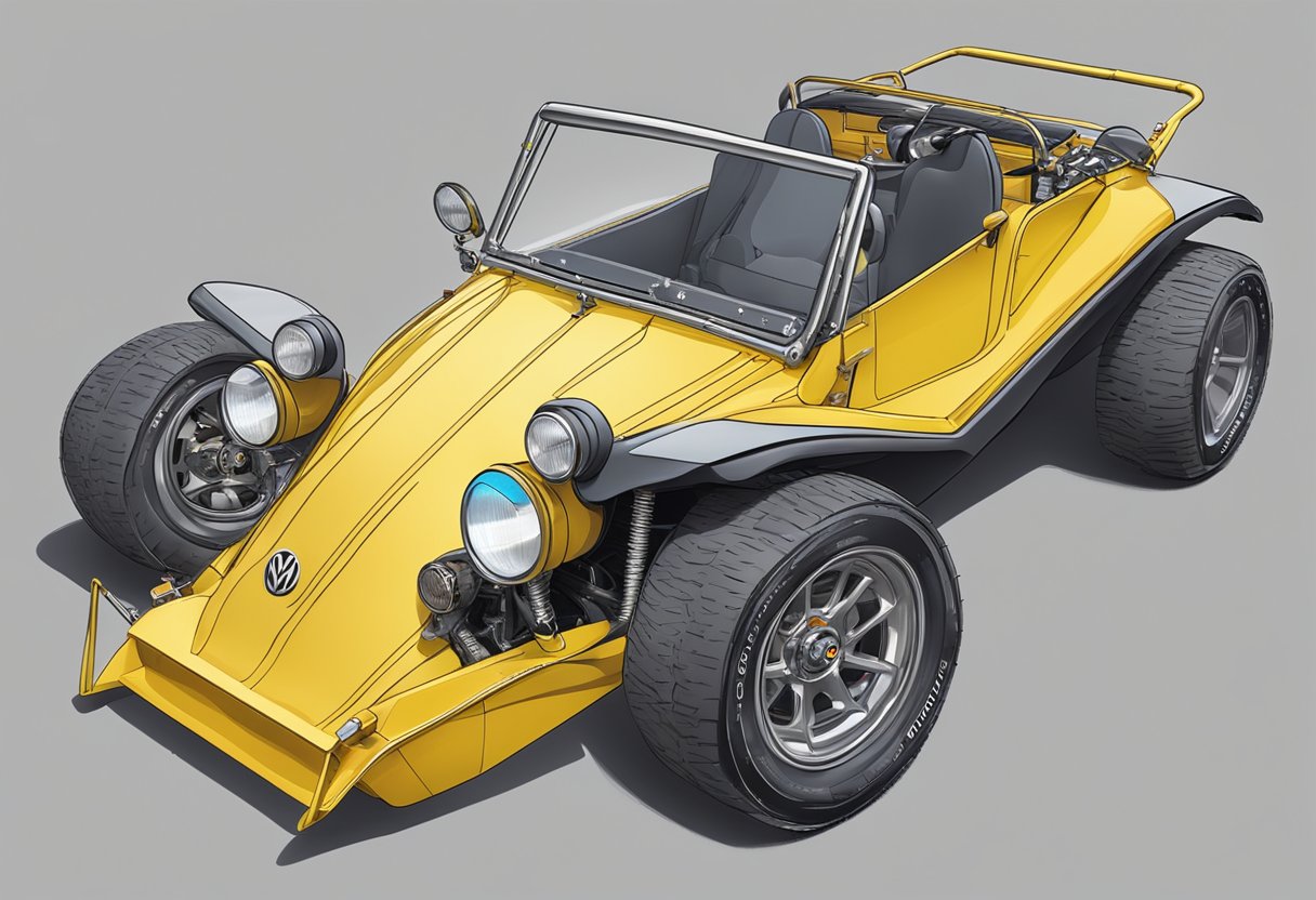 A VW dune buggy is being modified for street legality, with added lights and signals