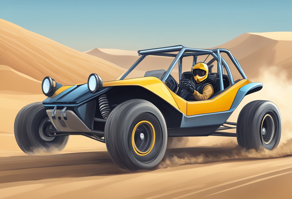 A street-legal dune buggy speeds down a sandy desert road