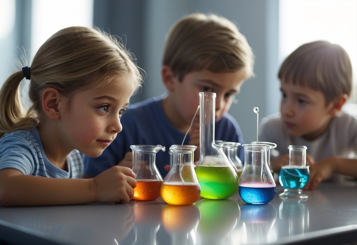 Children pouring colorful liquids into test tubes and watching as they bubble and fizz. A microscope sits on the table, ready for exploration