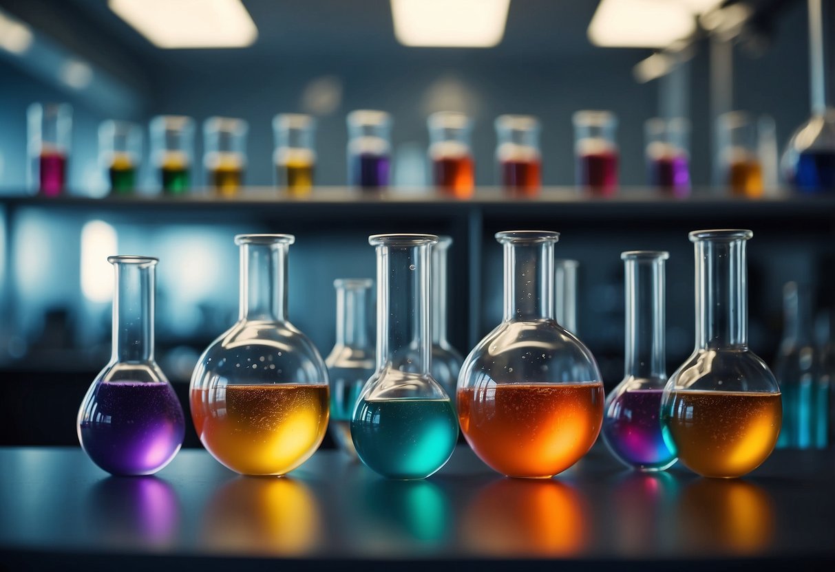 Colorful beakers bubble and fizz as they react, surrounded by test tubes and glowing chemicals in a laboratory setting