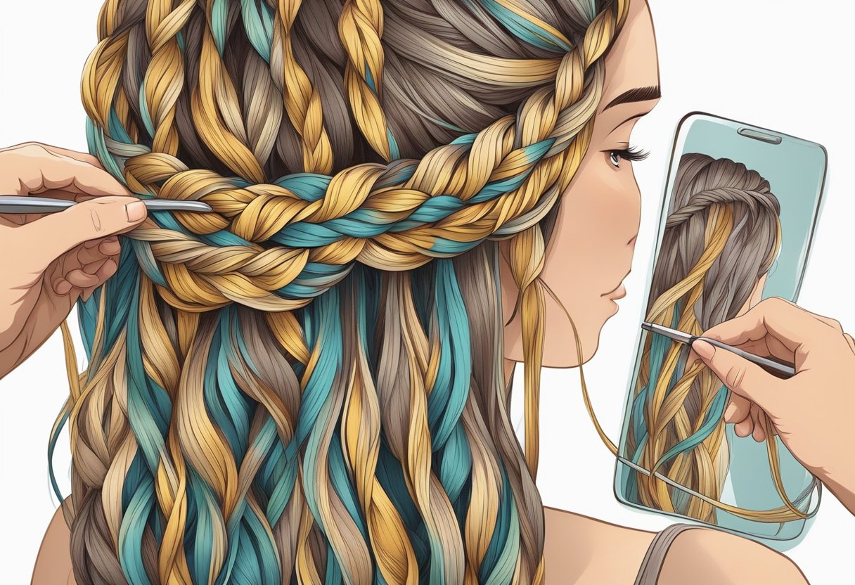 A mirror reflects a pair of hands weaving three strands of hair into a tight, intricate braid