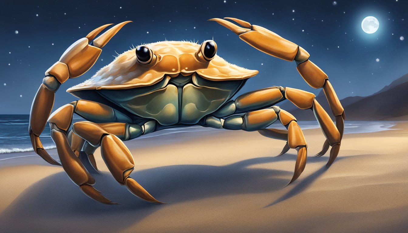 A crab with outstretched claws, moving rhythmically on a sandy beach under the moonlight