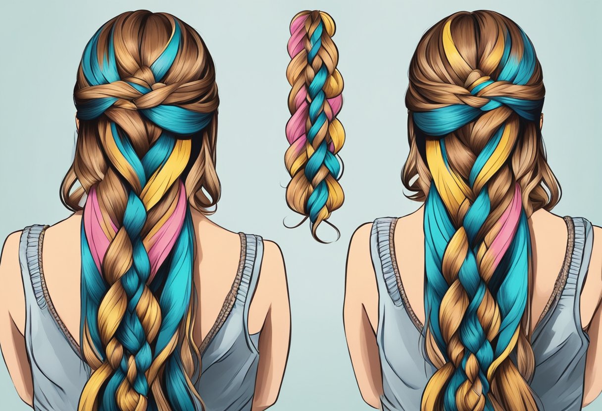 Hands weaving a French braid, hair divided into three sections, outer strands crossing over the middle, repeating down the length