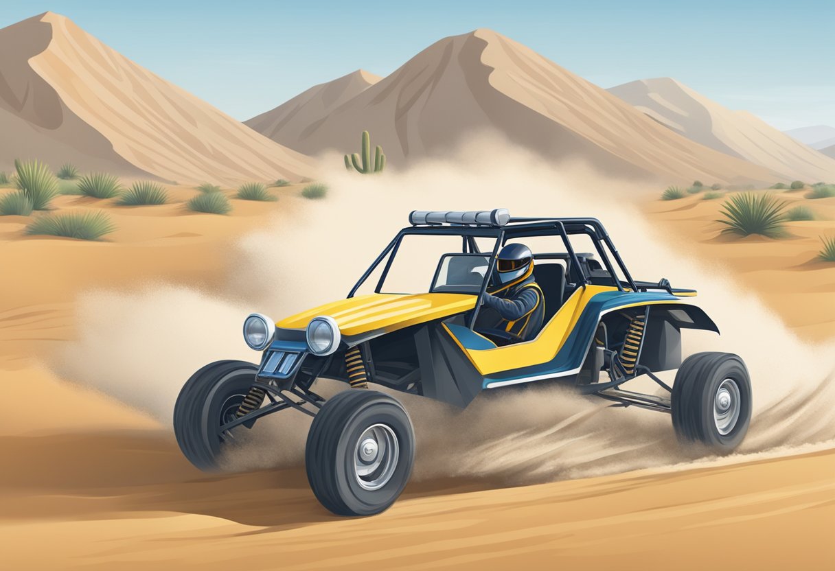 A dune buggy speeds through desert terrain, kicking up sand and leaving a trail of tire tracks behind