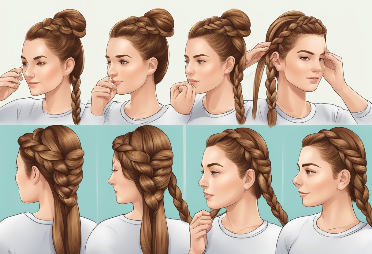A step-by-step guide on how to french braid hair, showing the process from the top of the head downwards