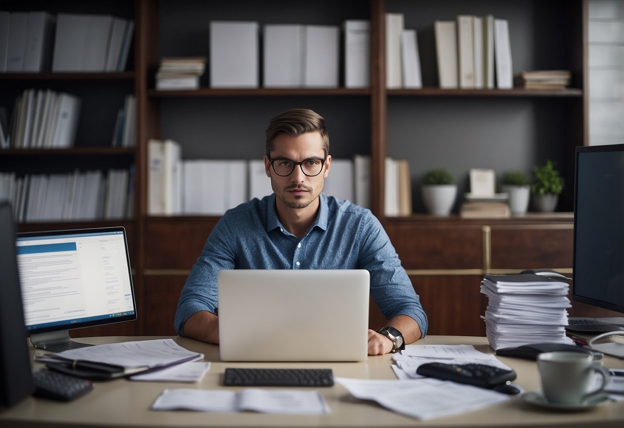 A person sitting at a desk, surrounded by paperwork and a computer, researching non resident home loans