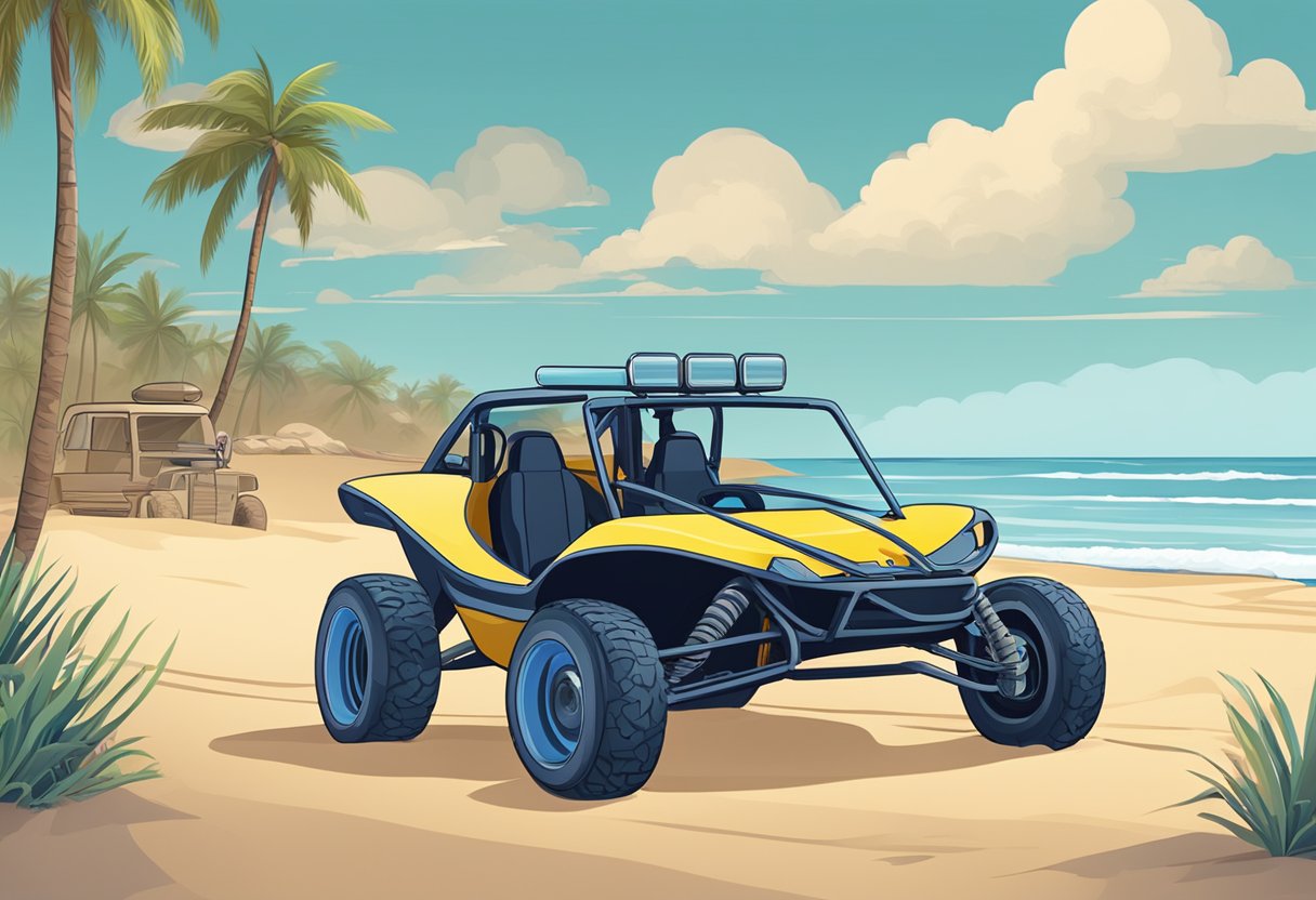 A dune buggy sits parked on a sandy beach. A sign nearby displays the legal requirements for operation, including the need for a license