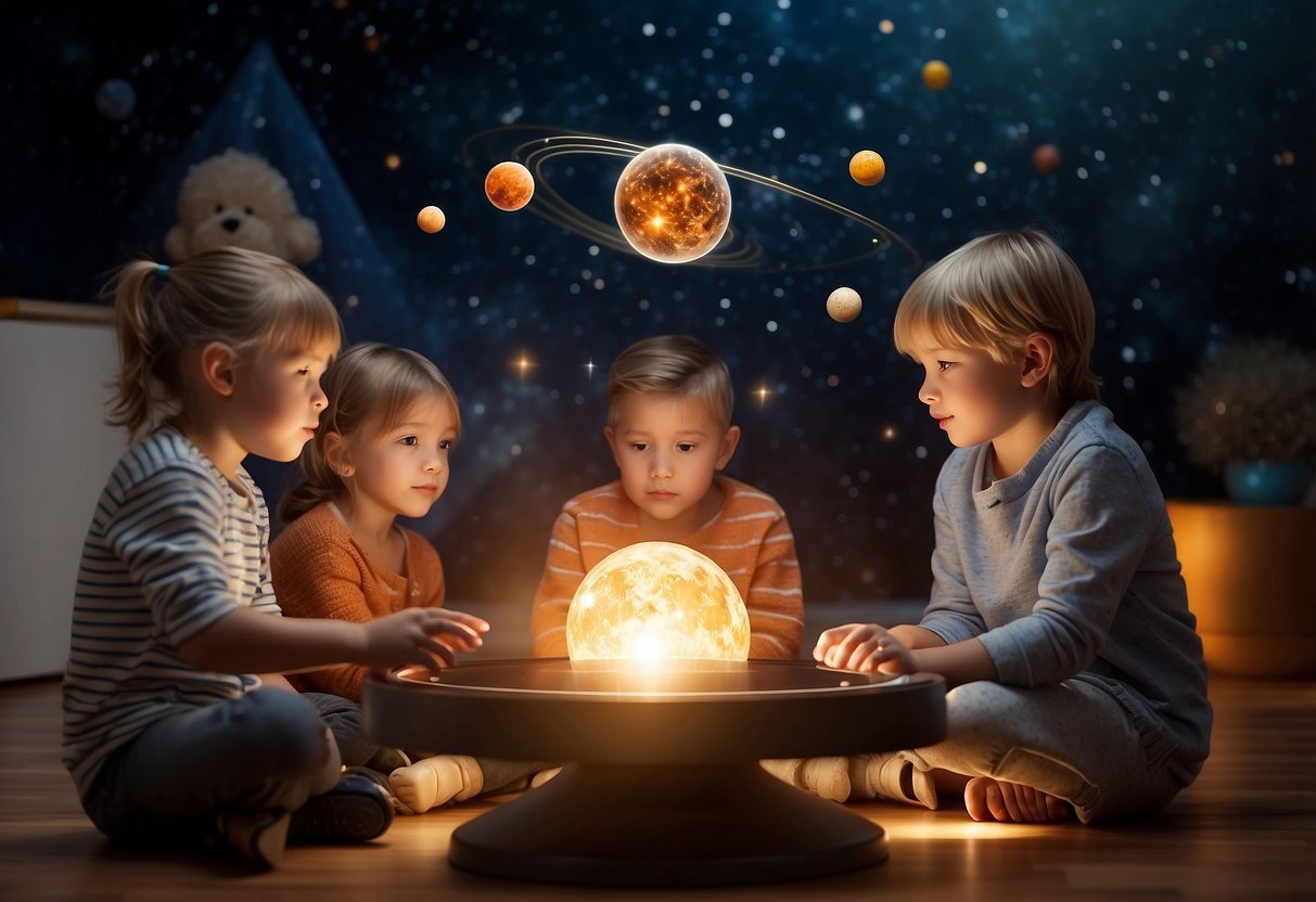 A group of children observing a model solar system, with planets orbiting around a sun, and a display of constellations in the background