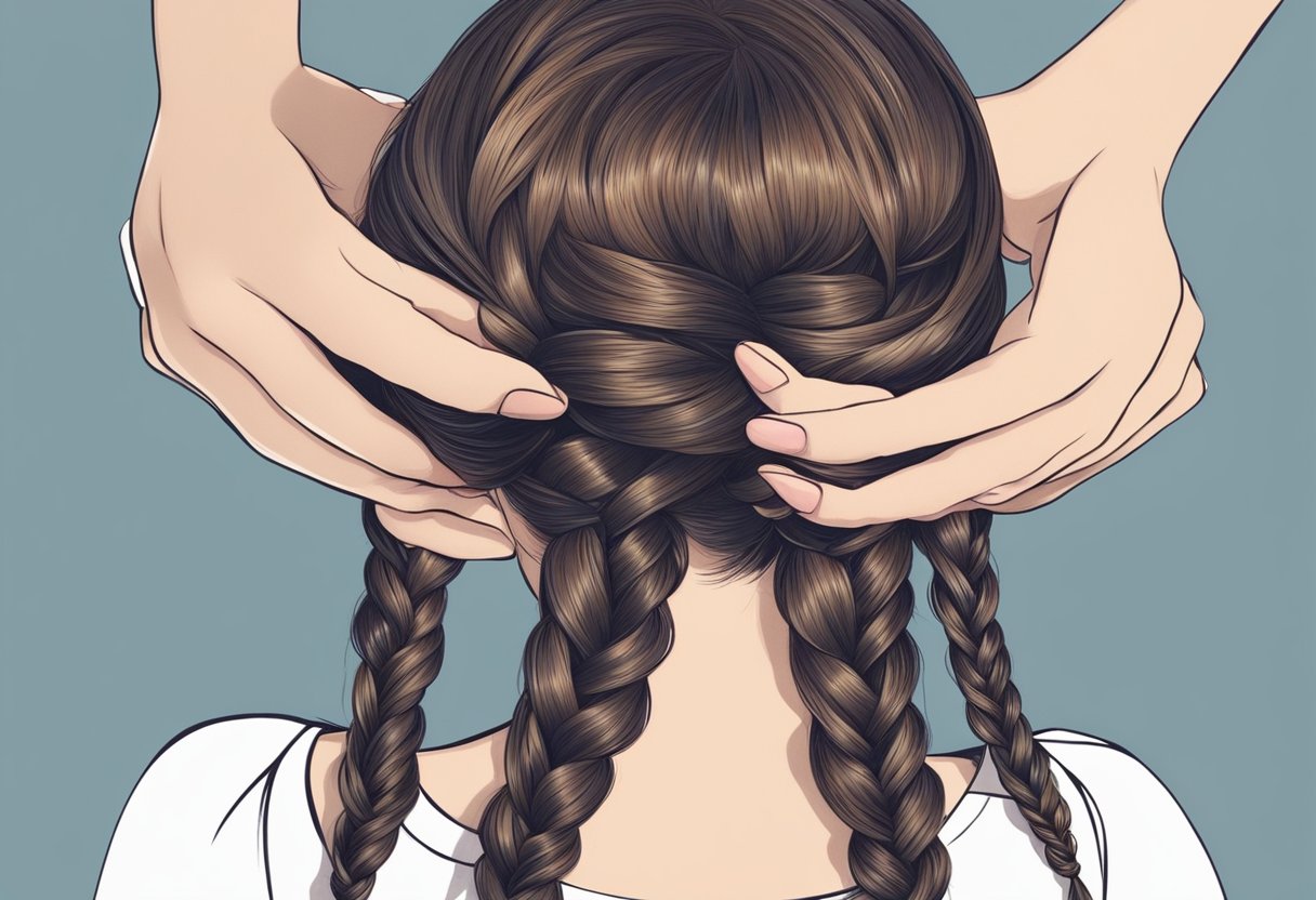 A mirror reflects a pair of hands weaving three strands of hair into a tight, neat braid. The fingers move with precision, adding finishing touches to the elegant hairstyle
