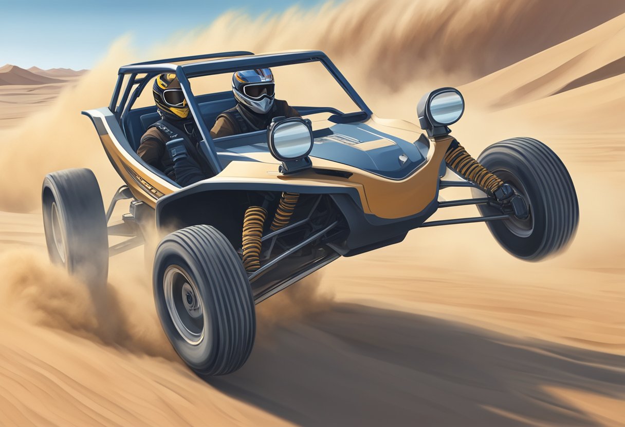 A dune buggy races across a sandy desert, kicking up clouds of dust as it maneuvers over rugged terrain