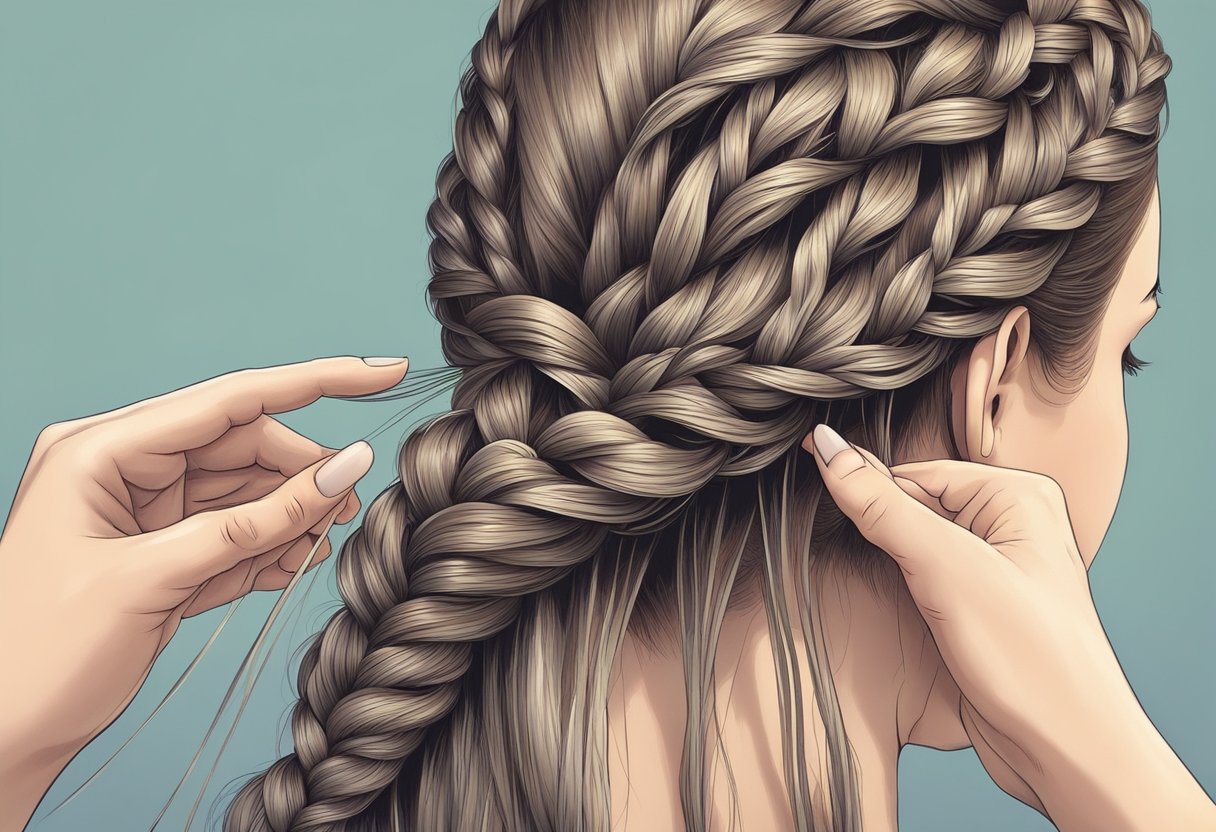 A mirror reflects a pair of hands weaving three strands of hair into a tight, intricate French braid