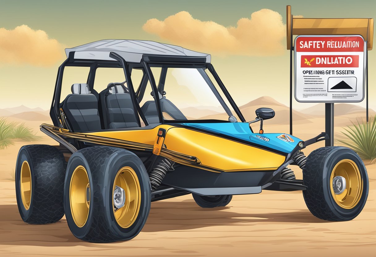 A dune buggy parked next to a safety regulations sign, with a training manual open on the driver's seat