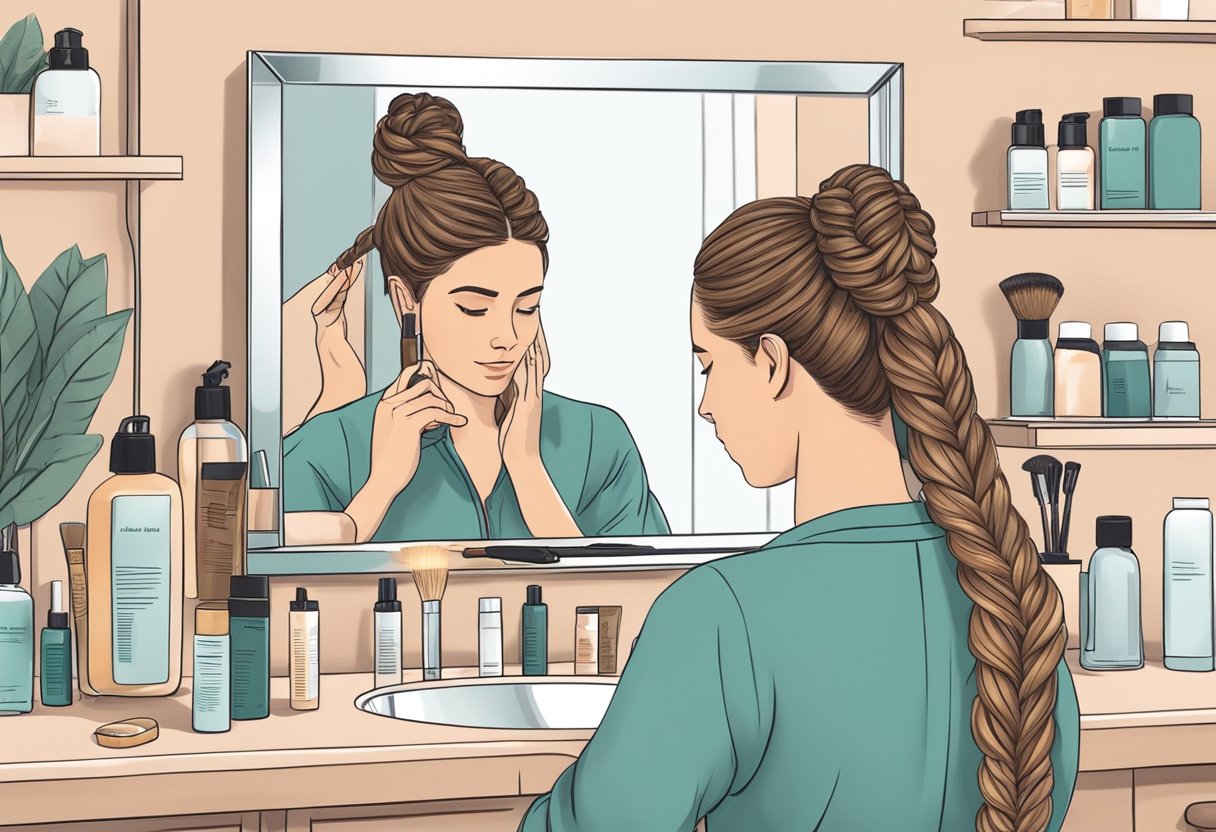 A mirror reflects a person's hands braiding their own hair, with step-by-step instructions nearby. Hair products and tools are neatly arranged on a countertop