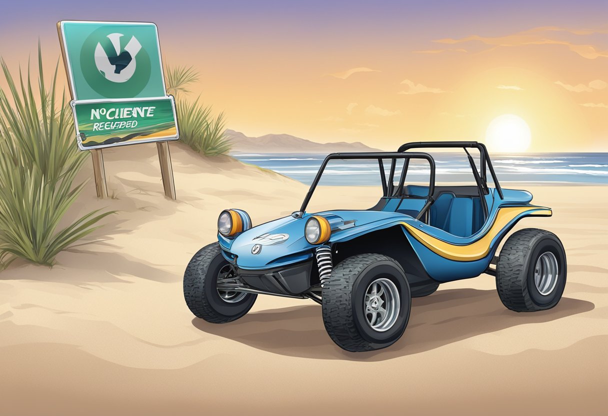 A dune buggy parked on a sandy beach with a "No License Required" sign displayed prominently