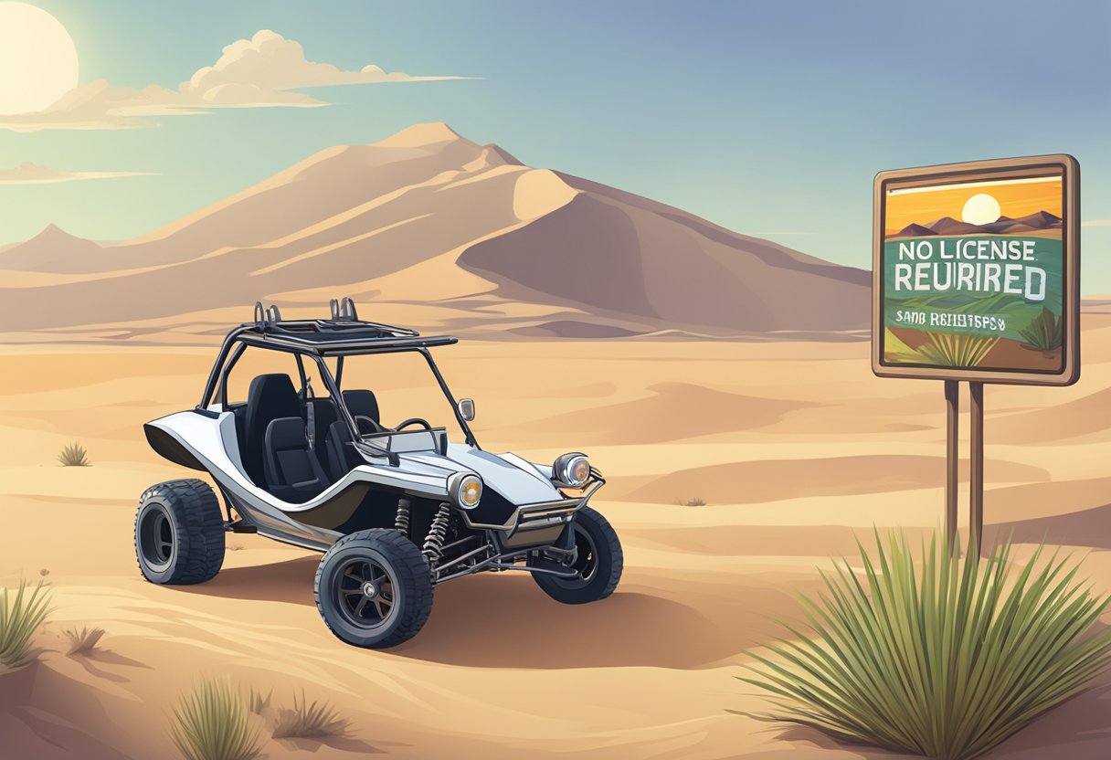 A dune buggy parked next to a sign displaying "No License Required" in a desert landscape with sand dunes in the background