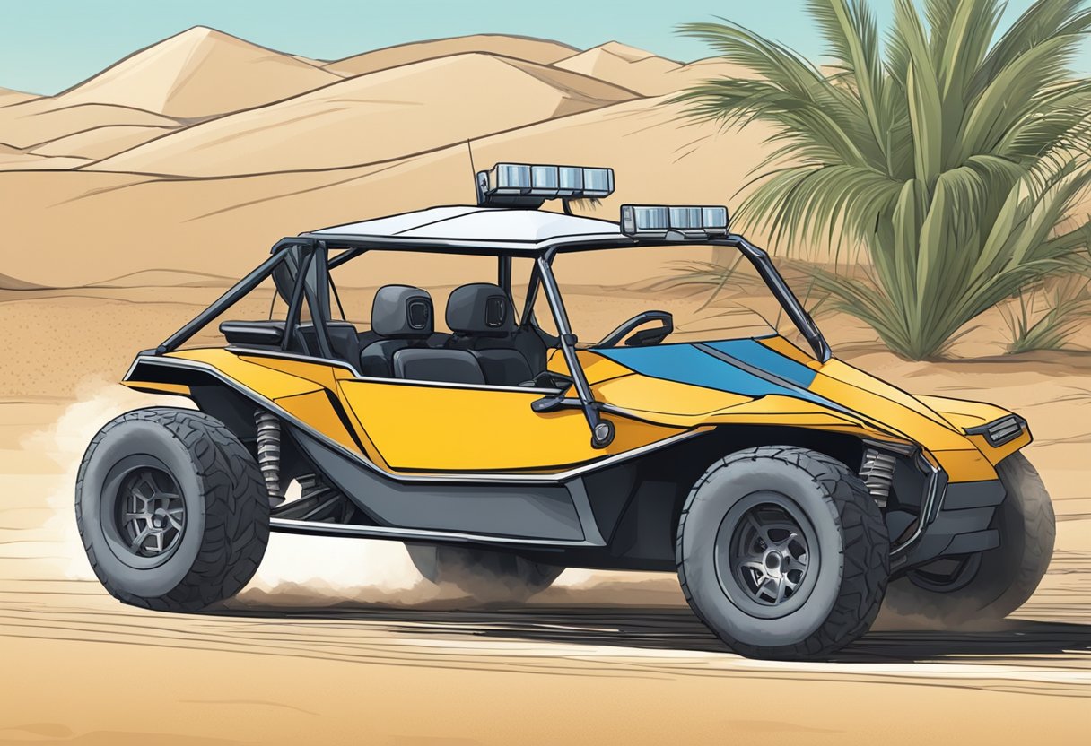 A dune buggy being stopped by a law enforcement officer, with a penalty notice being issued for driving without a license