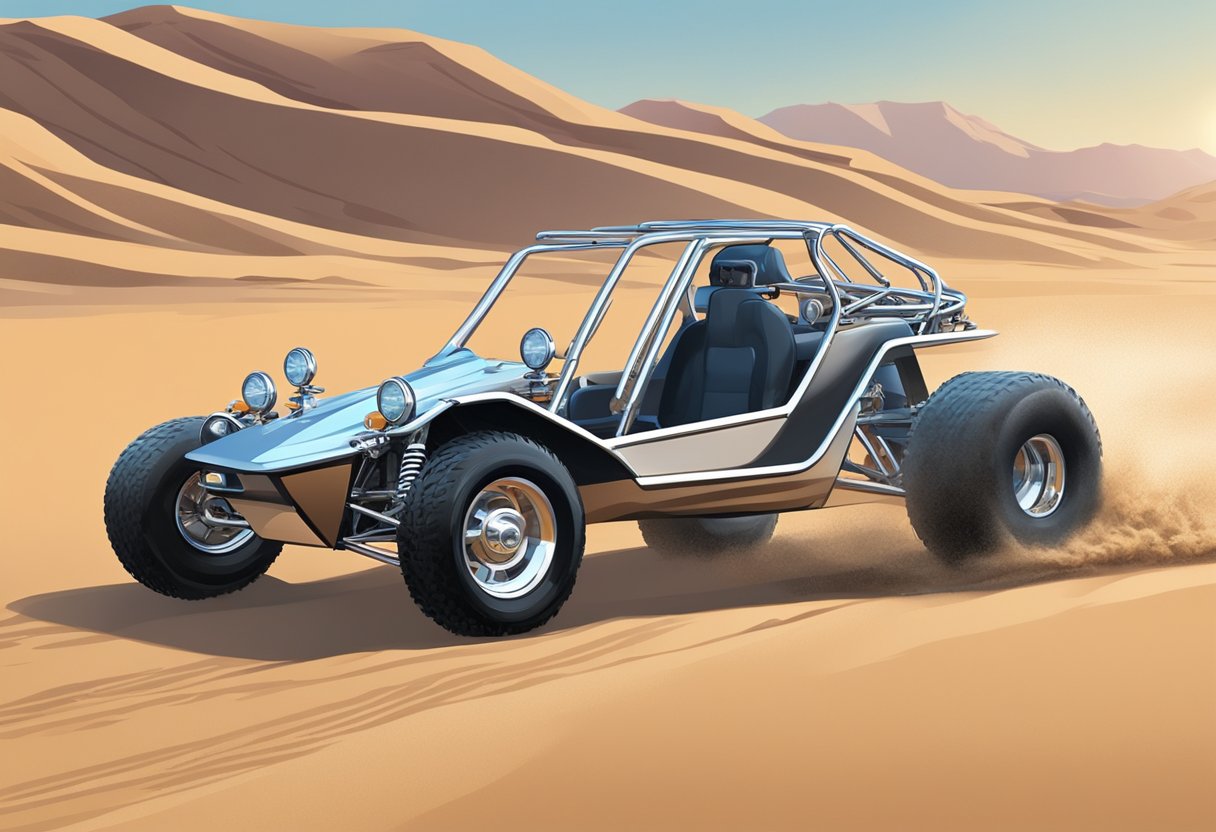 A dune buggy zooms across the sandy desert, its modified features and custom builds evident in its sleek design. No license required to navigate the rugged terrain