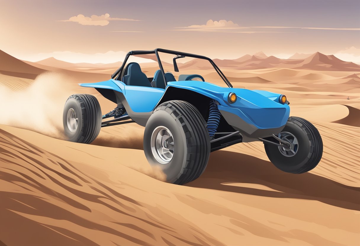 A dune buggy speeds through a desert landscape, following responsible driving practices. No human subjects or body parts are visible