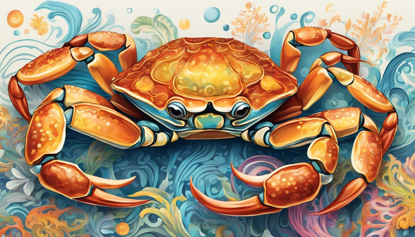A colorful crab with vibrant, swirling patterns dances joyfully in a lively seafood restaurant in Singapore