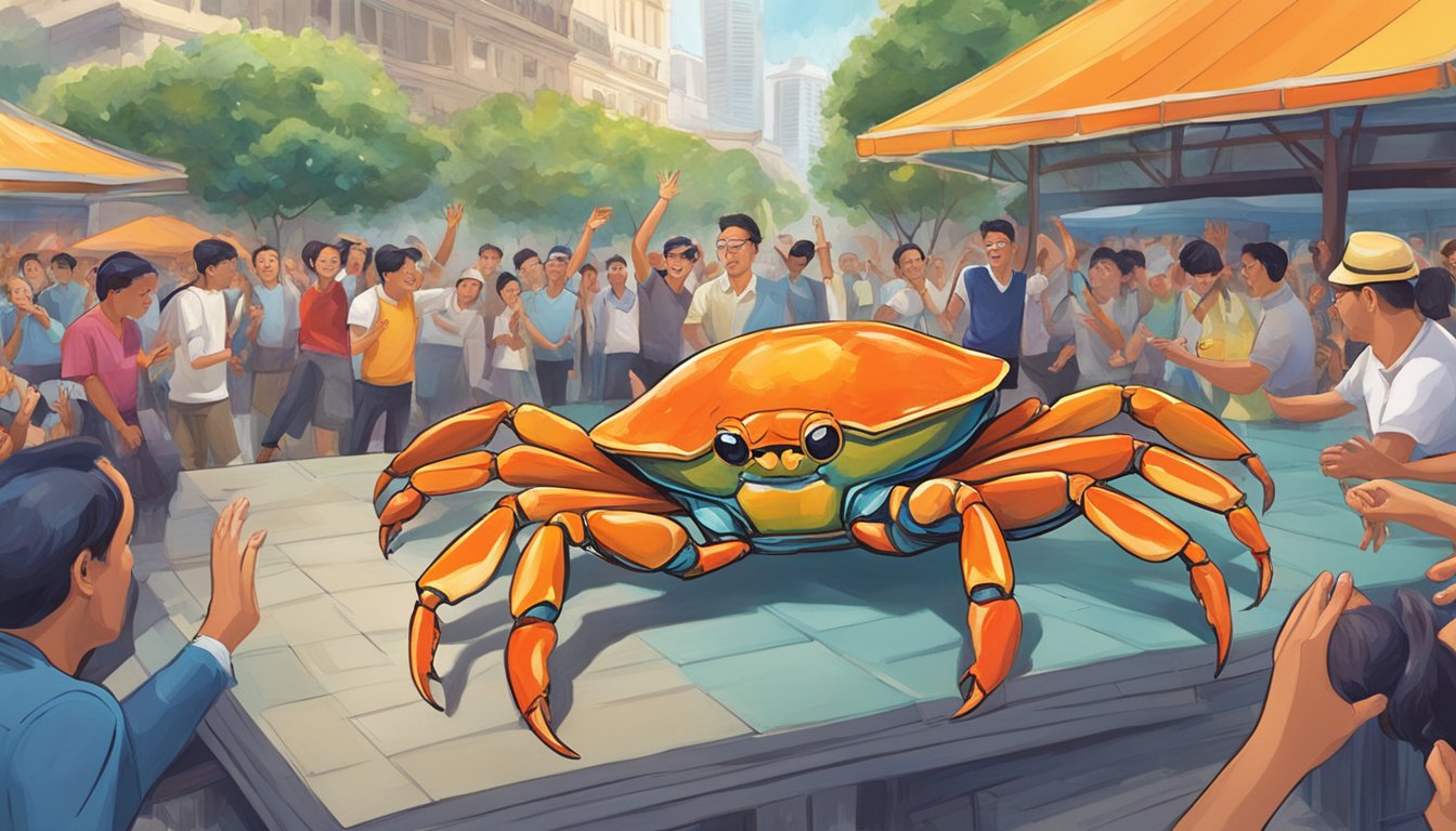 A crab in a vibrant Singapore setting, dancing with excitement, surrounded by curious onlookers