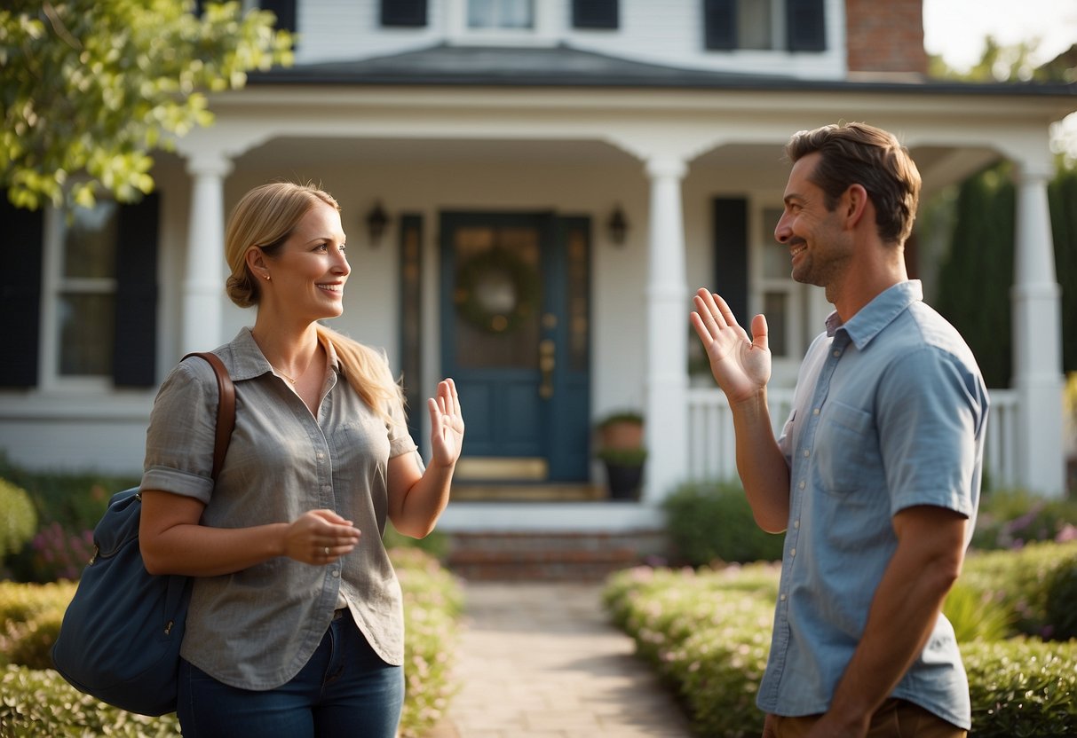 A family stands outside a quaint house, waving goodbye to a real estate agent. A sign reads "Expat Home Loans Available" in the front yard