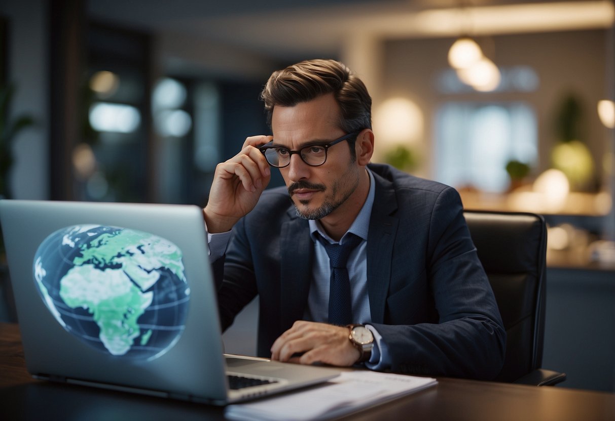 An expat sits at a desk, researching home loan options. A globe and passport are nearby, symbolizing international relocation. A laptop displays financial data