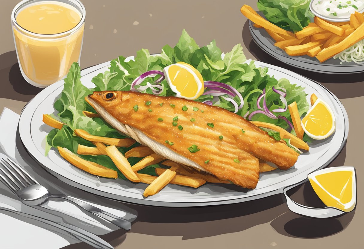 A sizzling hot plate of golden-brown fish and crispy fries, drizzled with tangy tartar sauce, served alongside a vibrant green salad at a bustling Tampines eatery