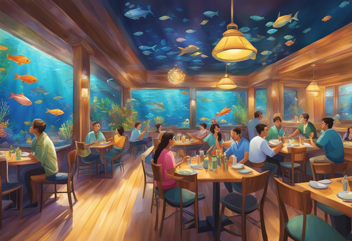 Customers enjoy live music and seafood in a vibrant underwater-themed restaurant. The decor features colorful fish and musical instruments, creating a lively and romantic atmosphere