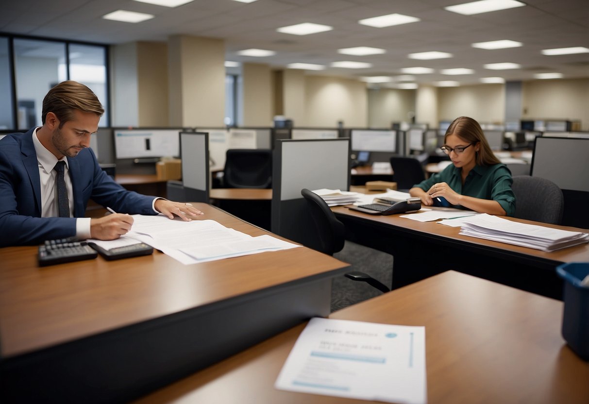 A person fills out forms at a desk while a bank employee reviews documents