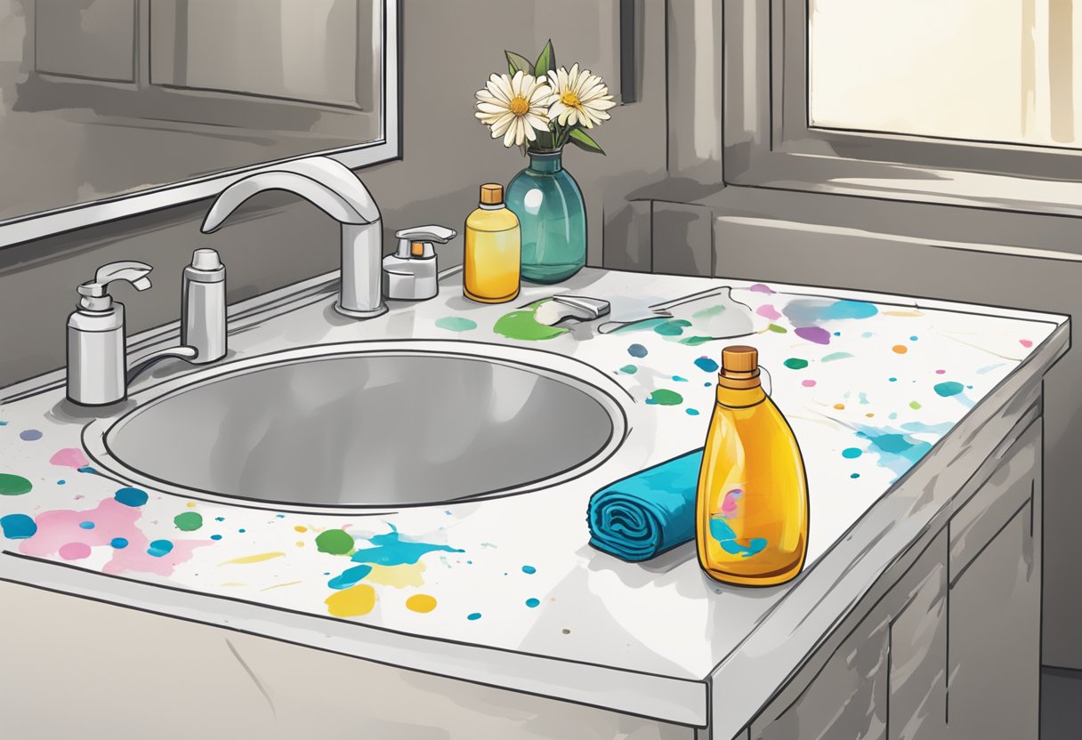 A bottle of specialized removal product sits next to a stained sink, with an used towel and hair dye splatters on the counter