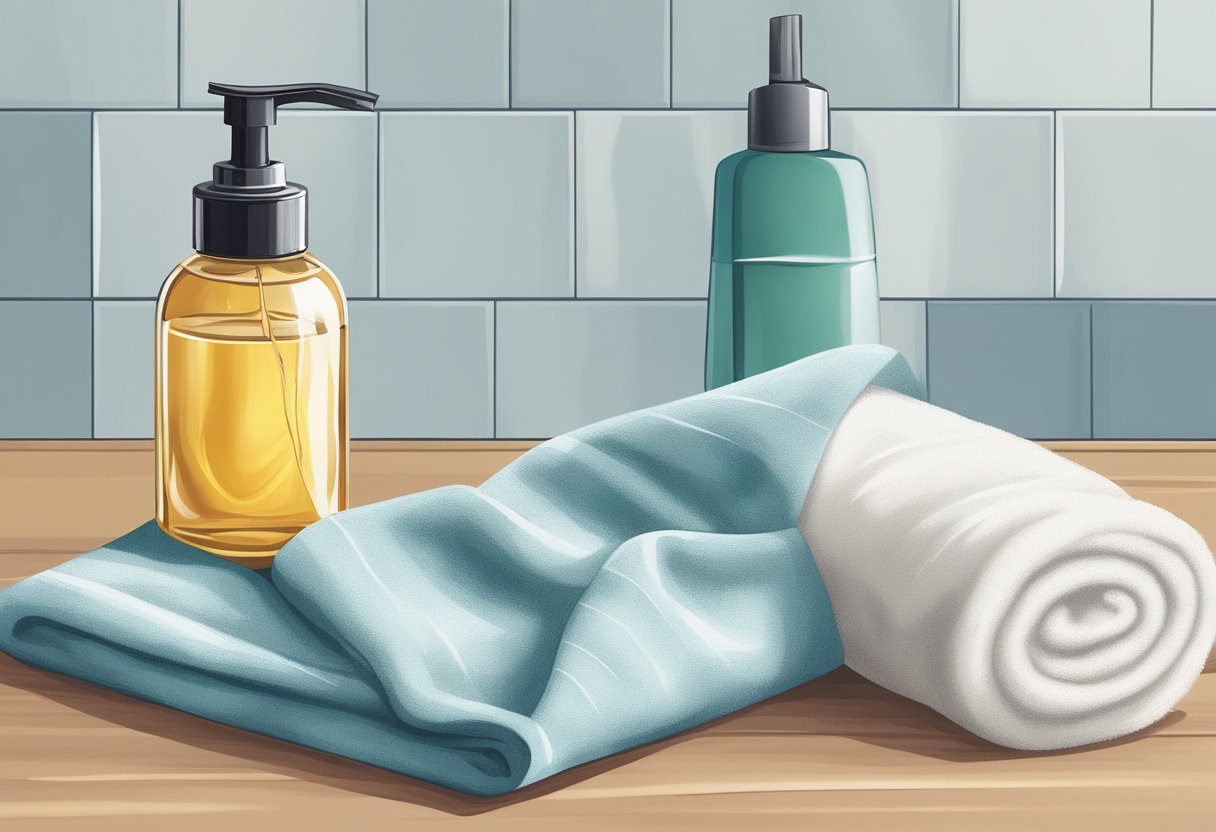 A bottle of oil-based cleanser sits on a bathroom counter next to a damp cloth and a cotton pad. A faint stain of hair dye is visible on the skin, with the cleanser and cloth ready to remove it