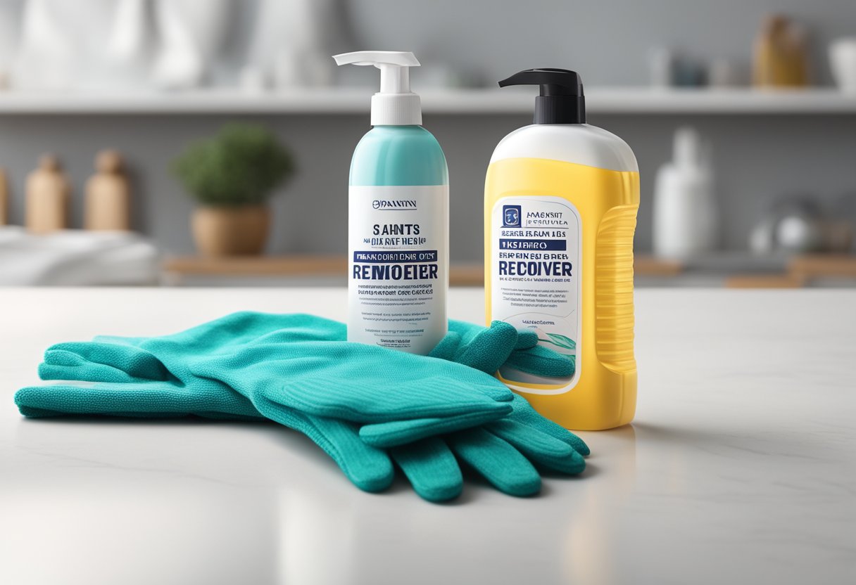 A bottle of hair dye remover sits next to a damp cloth and a pair of gloves on a clean, white surface. A warning label on the bottle emphasizes caution