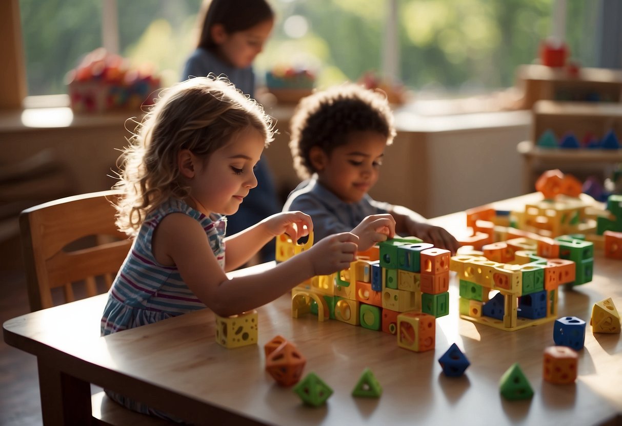 Preschoolers explore shapes with math and science activities. They use blocks, puzzles, and nature items to learn about geometry and patterns