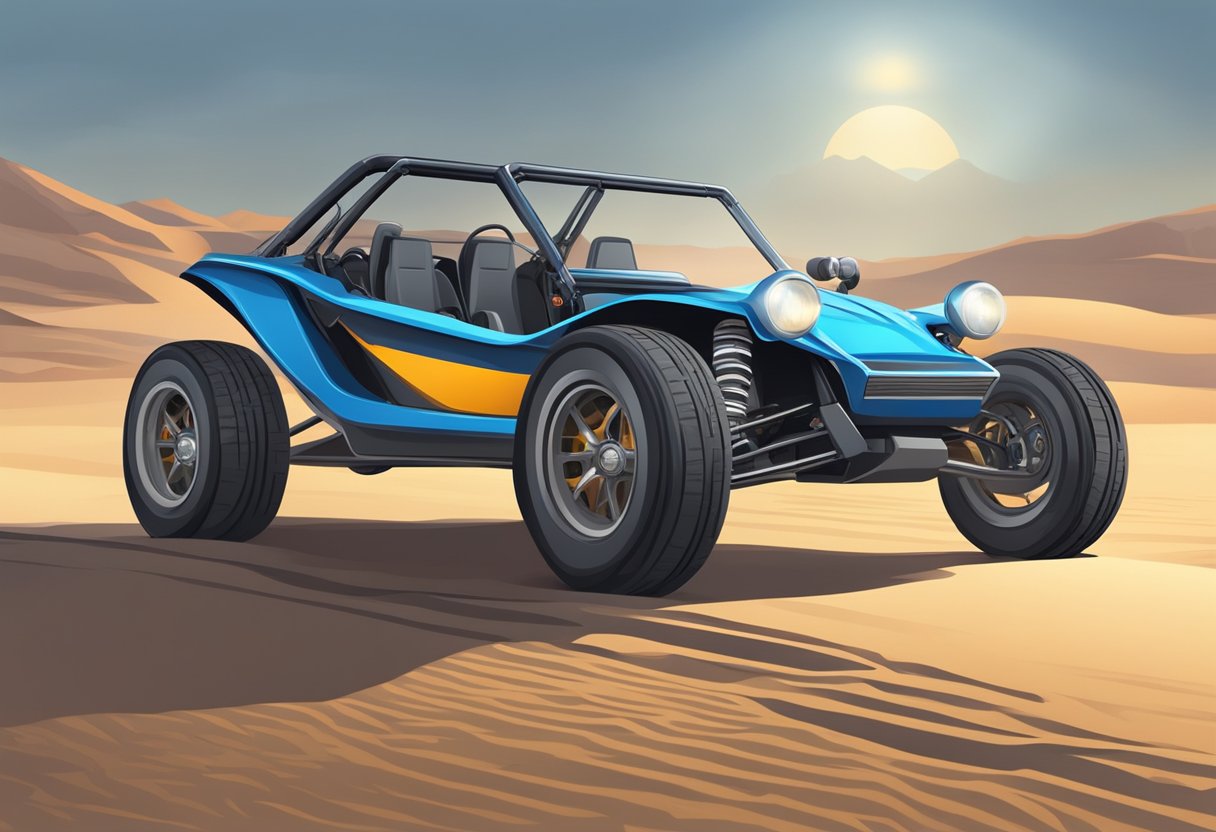 A dune buggy is modified with headlights, turn signals, and license plate to meet street legal requirements