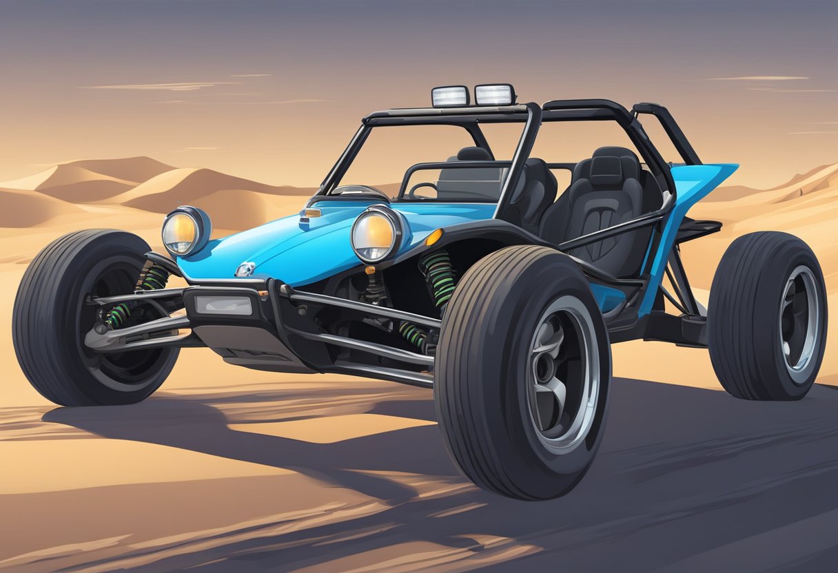 A dune buggy is modified with headlights, turn signals, and license plate holder for street use