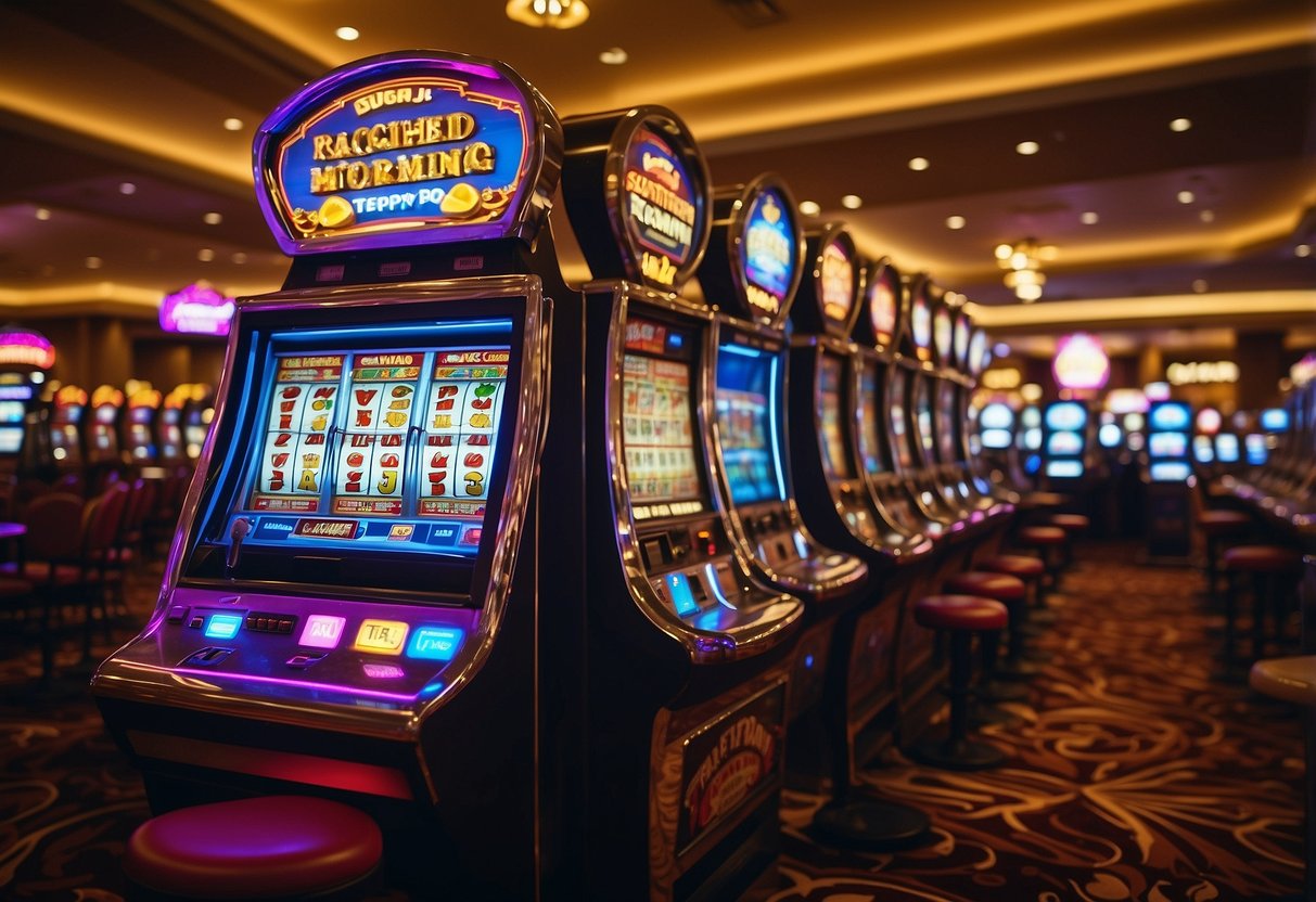 A colorful array of slot machines and card tables fill the lively casino floor, with flashing lights and excited chatter filling the air