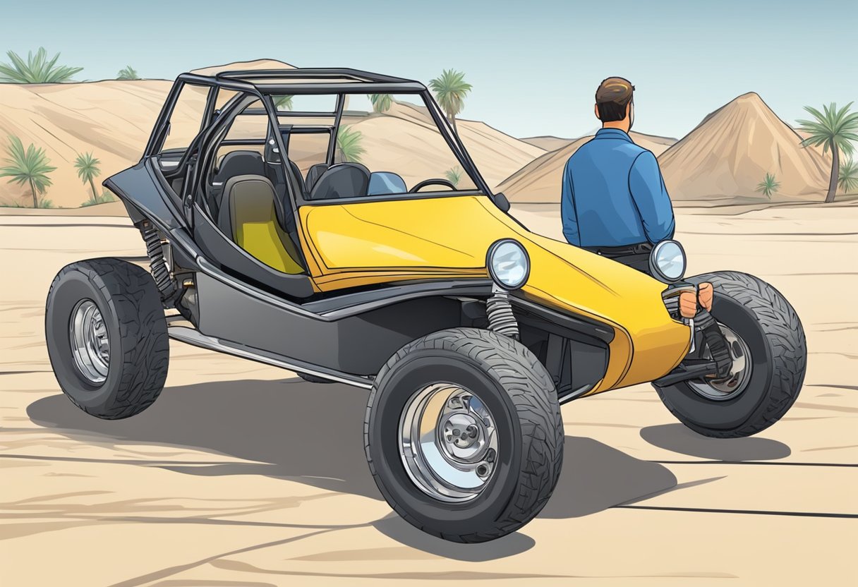 A dune buggy is being inspected by a state official. The official is checking the vehicle to ensure it meets all the necessary regulations to be street legal