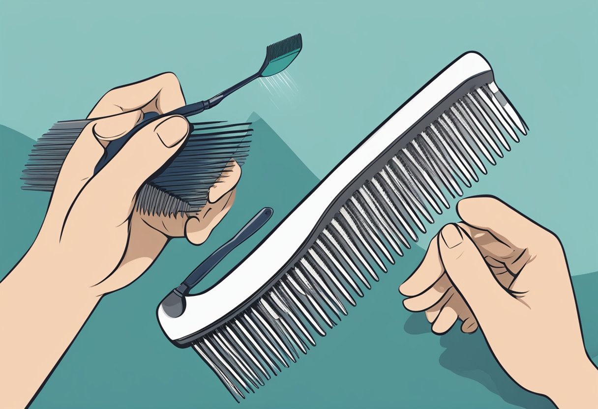 A hand pouring a bottle of lice treatment onto a comb, with a close-up of the comb running through a section of hair