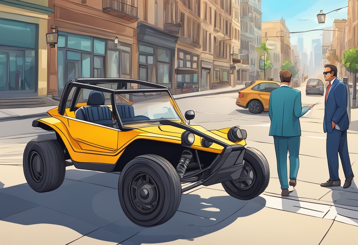 A dune buggy parked on a city street, surrounded by legal documents and a lawyer consulting with the owner. Street signs and traffic in the background