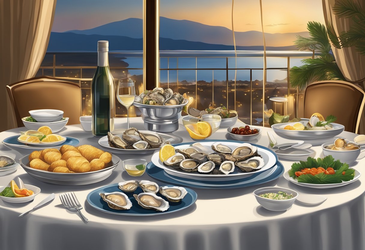 A table set with elegant dinnerware and a spread of fresh oysters and gourmet dishes, surrounded by a warm and inviting ambiance with soft lighting and a bustling atmosphere